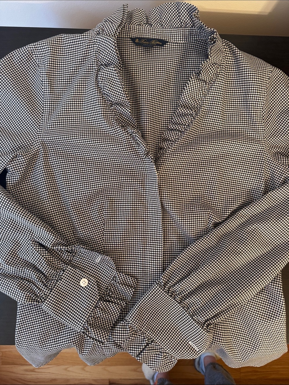 Brooks Brothers Black and White Houndstooth Ruffle Collar Blouse
